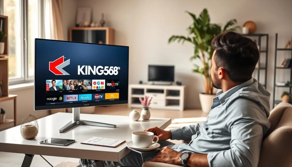 A modern and inviting workspace featuring a sleek computer monitor displaying the logo "KING365FR" prominently, showcasing an IPTV interface with vibrant thumbnails representing a variety of TV channels and VOD options. In the foreground, a professional individual dressed in smart casual attire, sitting comfortably, attentively engaging with the content on the screen. The middle ground features a stylish desk adorned with minimalistic decor, a cup of coffee, and a notepad with useful notes. In the background, a well-lit home office setting with light streaming through a window, creating an inviting atmosphere. The overall mood is tech-savvy and dynamic, focusing on the best IPTV experience that KING365FR offers. A modern and inviting workspace featuring a sleek computer monitor displaying the logo "KING365FR" prominently, showcasing an IPTV interface with vibrant thumbnails representing a variety of TV channels and VOD options. In the foreground, a professional individual dressed in smart casual attire, sitting comfortably, attentively engaging with the content on the screen. The middle ground features a stylish desk adorned with minimalistic decor, a cup of coffee, and a notepad with useful notes. In the background, a well-lit home office setting with light streaming through a window, creating an inviting atmosphere. The overall mood is tech-savvy and dynamic, focusing on the best IPTV experience that KING365FR offers.