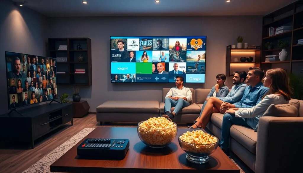 A modern living room setting showcasing a sleek, large flat-screen TV displaying vibrant visuals of KING365FR's IPTV service. In the foreground, a stylish coffee table is adorned with remote controls and a bowl of popcorn, inviting a relaxed viewing atmosphere. In the middle, a comfortable sectional sofa is occupied by a diverse group of people in professional casual attire, engaging with one another and enjoying the content on the screen. Soft, ambient lighting bathes the room, creating a warm and welcoming environment. The background features tasteful decor, including shelves with books and plants. Overall, the image conveys a sense of togetherness and contemporary digital entertainment, perfect for exploring KING365FR's extensive channel offerings. A modern living room setting showcasing a sleek, large flat-screen TV displaying vibrant visuals of KING365FR's IPTV service. In the foreground, a stylish coffee table is adorned with remote controls and a bowl of popcorn, inviting a relaxed viewing atmosphere. In the middle, a comfortable sectional sofa is occupied by a diverse group of people in professional casual attire, engaging with one another and enjoying the content on the screen. Soft, ambient lighting bathes the room, creating a warm and welcoming environment. The background features tasteful decor, including shelves with books and plants. Overall, the image conveys a sense of togetherness and contemporary digital entertainment, perfect for exploring KING365FR's extensive channel offerings.