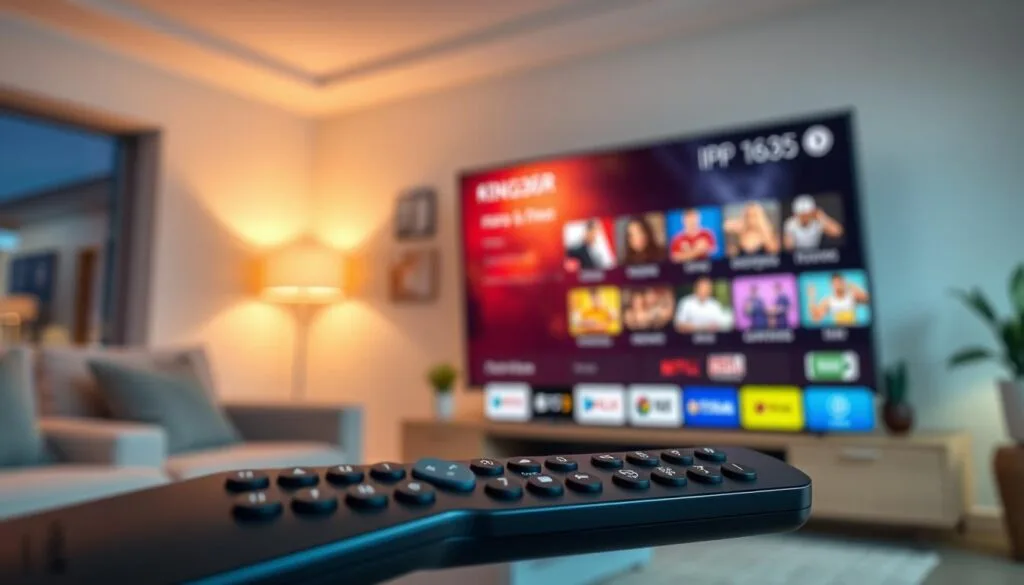 A modern, sleek digital illustration depicting the IPTV service KING365FR. In the foreground, feature a high-tech remote control and a sleek smart TV displaying an intuitive interface of channel options. In the middle ground, include vibrant, colorful icons representing various genres of shows, movies, and sports, symbolizing the diverse content offered by KING365FR. The background should show a cozy living room setting with soft, ambient lighting, creating a warm and inviting atmosphere. Use a shallow depth of field to focus on the remote and TV, while subtly blurring the background. The mood should feel professional and reassuring, emphasizing reliability and innovation in IPTV services. The overall color palette should be bright and engaging, reflecting a modern digital era. king 365 abonnement