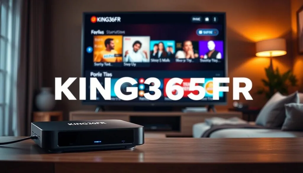 A professional marketing scene depicting a modern digital entertainment setup focused on KING365FR. In the foreground, a sleek and stylish streaming device with the KING365FR logo prominently displayed. The middle features a high-resolution television screen showcasing an engaging IPTV interface, complete with vibrant menu options and a selection of popular channels. In the background, a cozy living room with warm lighting, featuring a comfortable sofa and decorative elements that convey a welcoming atmosphere. The image should evoke a sense of comfort, accessibility, and modern technology, inviting viewers to consider KING365FR for their digital entertainment needs. The lighting is soft yet bright, capturing the essence of a relaxing viewing environment, with a focus on clarity and vivid colors to enhance the overall appeal. A professional marketing scene depicting a modern digital entertainment setup focused on KING365FR. In the foreground, a sleek and stylish streaming device with the KING365FR logo prominently displayed. The middle features a high-resolution television screen showcasing an engaging IPTV interface, complete with vibrant menu options and a selection of popular channels. In the background, a cozy living room with warm lighting, featuring a comfortable sofa and decorative elements that convey a welcoming atmosphere. The image should evoke a sense of comfort, accessibility, and modern technology, inviting viewers to consider KING365FR for their digital entertainment needs. The lighting is soft yet bright, capturing the essence of a relaxing viewing environment, with a focus on clarity and vivid colors to enhance the overall appeal.