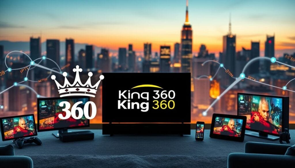 A regal, modern "King 360" logo prominently displayed in the foreground, surrounded by a vibrant, digital streaming landscape featuring various devices like smart TVs, tablets, and smartphones, all showcasing dynamic, colorful IPTV content. In the middle ground, incorporate abstract representations of streaming signals and data flowing seamlessly between devices, symbolizing connectivity and advanced technology. The background reflects a stylized city skyline at dusk, with soft, warm lighting that creates a welcoming and innovative atmosphere. Use a wide-angle perspective to capture the expansive view, emphasizing the interconnected world of streaming services. The overall mood should be professional and assuring, reflecting the quality of KING365FR's offerings.