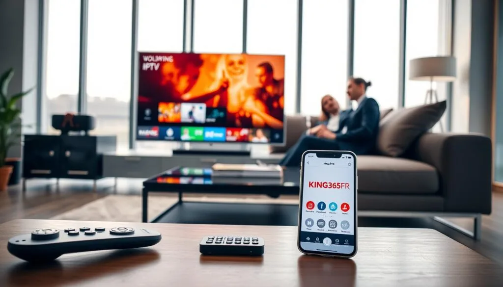 A sleek and modern living room setting featuring a large, high-definition smart TV displaying vibrant IPTV content, symbolizing premium entertainment services. In the foreground, a stylish coffee table holds a remote control and a smartphone with the KING365FR app open, highlighting convenience in accessing IPTV subscriptions. The middle ground shows a cozy couch with a couple of people in professional business attire, looking engaged and relaxed as they enjoy their viewing experience. Soft, ambient lighting creates a welcoming atmosphere, with large windows in the background allowing natural light to flood in, accentuating the comfort of modern living. The overall mood is inviting and professional, emphasizing the appeal of choosing KING365FR for a superior IPTV experience. A sleek and modern living room setting featuring a large, high-definition smart TV displaying vibrant IPTV content, symbolizing premium entertainment services. In the foreground, a stylish coffee table holds a remote control and a smartphone with the KING365FR app open, highlighting convenience in accessing IPTV subscriptions. The middle ground shows a cozy couch with a couple of people in professional business attire, looking engaged and relaxed as they enjoy their viewing experience. Soft, ambient lighting creates a welcoming atmosphere, with large windows in the background allowing natural light to flood in, accentuating the comfort of modern living. The overall mood is inviting and professional, emphasizing the appeal of choosing KING365FR for a superior IPTV experience.