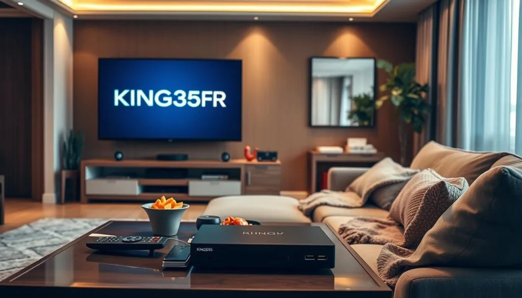 A sleek home entertainment setup showcasing the "KING365FR" logo prominently displayed on a modern flat-screen TV. In the foreground, a stylish coffee table featuring a remote control, snacks, and an IPTV receiver. The middle ground should feature a comfortable sofa arranged for viewing, with a cozy throw blanket draped over one side. The background should include a softly lit living room with warm colors, elegant decor, and a subtle emphasis on technology, like streaming boxes and devices. The lighting is bright yet inviting, creating a relaxed atmosphere, as if anticipating an engaging movie night or live sports viewing. Capture a professional ambiance that represents the quality and reliability of the King365 TV service.
