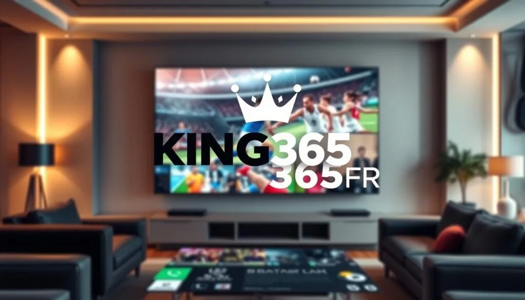A sleek, modern digital interface showcasing the KING365FR logo prominently in the foreground, representing a live sports streaming service. The middle layer features a dynamic display of various sporting events, with high-action imagery of soccer, basketball, and tennis, captured as if paused in a thrilling moment. The background should encompass a stylish, contemporary room with a large screen displaying a vibrant sports channel, enhancing the sense of being in a premium viewing environment. Soft, ambient lighting casts a warm glow, evoking an inviting and energetic atmosphere. The overall mood should convey excitement and professionalism, appealing to sports fans looking for reliable streaming options. The image must remain free of any text or logos beyond the KING365FR branding. A sleek, modern digital interface showcasing the KING365FR logo prominently in the foreground, representing a live sports streaming service. The middle layer features a dynamic display of various sporting events, with high-action imagery of soccer, basketball, and tennis, captured as if paused in a thrilling moment. The background should encompass a stylish, contemporary room with a large screen displaying a vibrant sports channel, enhancing the sense of being in a premium viewing environment. Soft, ambient lighting casts a warm glow, evoking an inviting and energetic atmosphere. The overall mood should convey excitement and professionalism, appealing to sports fans looking for reliable streaming options. The image must remain free of any text or logos beyond the KING365FR branding.