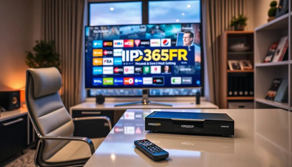 A sleek, modern home office setup captures the essence of "IPTV Premium" service. In the foreground, a stylish, high-resolution television screen displays the KING365FR logo prominently, showcasing a vibrant interface filled with various channels. The middle ground features a comfortable, ergonomic chair and a polished desk with an advanced streaming device and remote control, symbolizing user-friendly technology. In the background, a well-organized bookshelf houses tech magazines and IPTV materials, enhancing the professional atmosphere. Soft, ambient lighting creates a warm and inviting mood, while a window reveals a cityscape at dusk, hinting at connectivity and modern living. The entire scene reflects reliability, innovation, and the premium nature of the KING365FR IPTV service. A sleek, modern home office setup captures the essence of "IPTV Premium" service. In the foreground, a stylish, high-resolution television screen displays the KING365FR logo prominently, showcasing a vibrant interface filled with various channels. The middle ground features a comfortable, ergonomic chair and a polished desk with an advanced streaming device and remote control, symbolizing user-friendly technology. In the background, a well-organized bookshelf houses tech magazines and IPTV materials, enhancing the professional atmosphere. Soft, ambient lighting creates a warm and inviting mood, while a window reveals a cityscape at dusk, hinting at connectivity and modern living. The entire scene reflects reliability, innovation, and the premium nature of the KING365FR IPTV service.