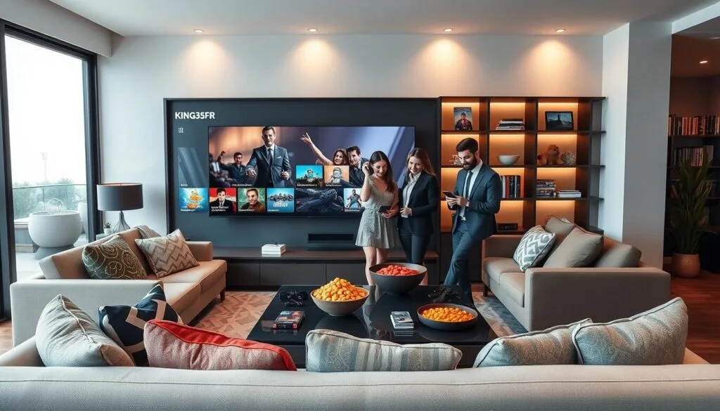 A sleek, modern living room featuring a large flat-screen TV showcasing entertainment options from KING365FR. In the foreground, a stylish and comfortable sofa with eye-catching pillows and a neatly organized coffee table filled with snacks. In the middle, a few family members—dressed in professional business attire—interacting with a smart device, highlighting the accessibility of IPTV. The background includes a chic bookshelf filled with movies and games, with soft, warm lighting creating a cozy atmosphere. The overall mood is inviting and family-oriented, showcasing the benefits of choosing KING365FR for an enhanced entertainment experience, with an emphasis on quality and convenience. The scene unfolds in a well-lit environment, captured from a slightly elevated angle to provide a comprehensive view.