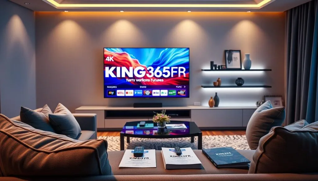 A sleek, modern living room scene showcasing a high-end television displaying vibrant 4K visuals from KING365FR, emphasizing IPTV service quality. In the foreground, a comfortable sofa with stylish cushions, positioned to face the TV. The middle ground features an elegant coffee table with a remote and a few subscription brochures neatly arranged, symbolizing user convenience. The background shows a tastefully decorated shelf with decorative items and a soft glow emanating from ambient lighting, highlighting the premium atmosphere. The mood is sophisticated and inviting, designed to communicate trust and reliability in IPTV services. The image uses warm lighting to evoke a sense of comfort and professionalism, focusing on technology and entertainment refinement.