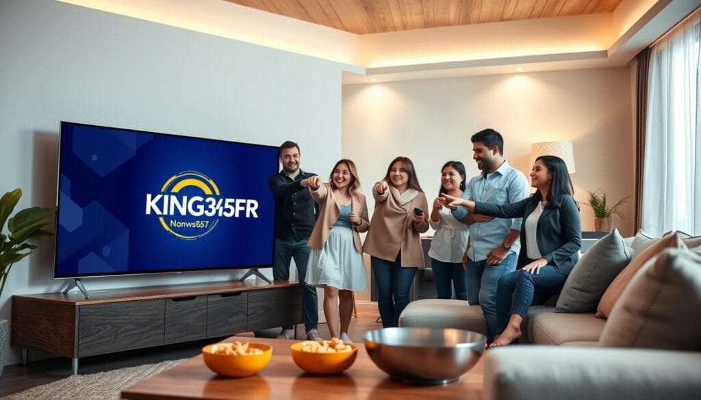 A sleek, modern living room showcasing a family enjoying high-quality streaming content through a large flat-screen TV. In the foreground, a diverse group of three adults, dressed in smart casual attire, are engaged in a lively discussion while pointing at the TV, which displays the KING365FR logo prominently on the screen. In the middle, a stylish coffee table holds remote controls and snack bowls, emphasizing a comfortable entertainment atmosphere. The background features a soft, ambient glow from stylish lighting fixtures creating a warm and inviting space. The scene captures the essence of modern streaming evolution, with cozy interiors and premium technology. A subtle depth of field effect enhances focus on the foreground, while the overall mood is vibrant and friendly, reflecting a community-centered approach to IPTV.