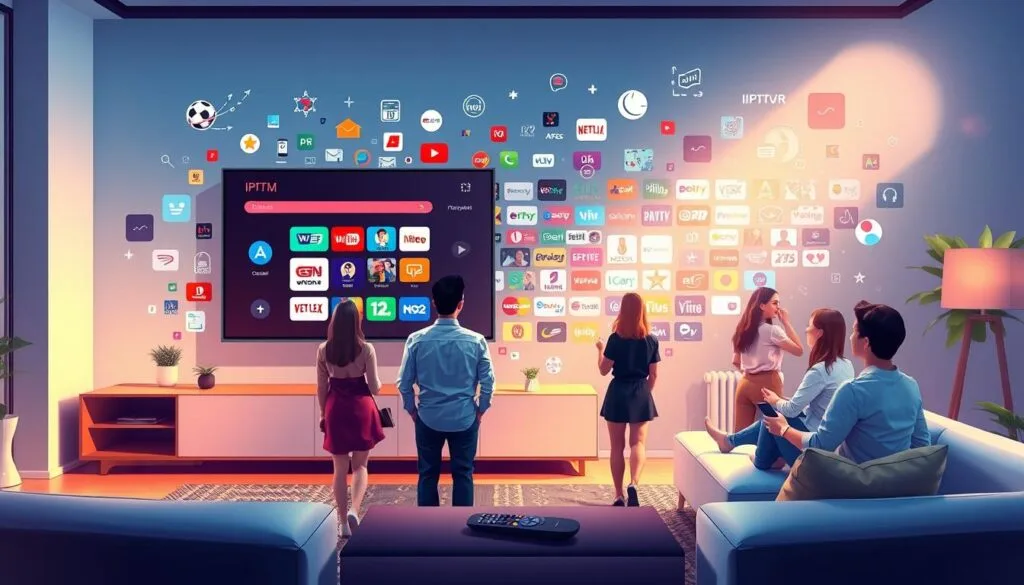 A vibrant, digital-themed illustration showcasing the essence of "KING365FR IPTV Premium". In the foreground, an elegant, modern living room setting, featuring a sleek TV screen displaying colorful IPTV channels, symbols of online streaming, and a remote control. In the middle ground, people of diverse backgrounds dressed in smart casual attire are engaged in watching and discussing content enthusiastically, depicting a communal viewing experience. The background features abstract visual elements representing a vast array of over 20,000 channels, with dynamic graphics and icons of different genres like sports, movies, and documentaries. Soft, ambient lighting enhances the inviting atmosphere, with a slight lens flare to create a sense of warmth and excitement, conveying the innovative spirit of IPTV services.