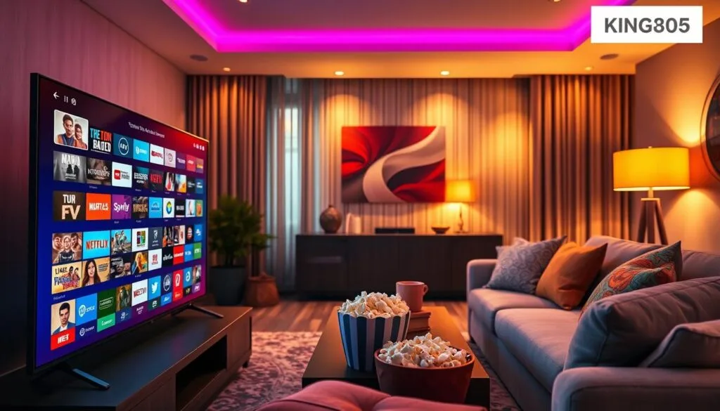A vibrant living room setting showcasing a state-of-the-art home entertainment system. In the foreground, a sleek, modern television displays a colorful assortment of streaming content, hinting at the vast 20,000 channel offerings from KING365FR. In the middle, a comfortable couch adorned with plush cushions invites relaxation, alongside a coffee table filled with popcorn and drinks. The background features warm ambient lighting from stylish lamps, creating a cozy atmosphere. The scene captures an engaging and inviting vibe, emphasizing the enjoyment of digital entertainment. The focus is on high-quality images, with a cinematic angle that draws viewers into the immersive experience, enhancing the overall appeal of home entertainment. A vibrant living room setting showcasing a state-of-the-art home entertainment system. In the foreground, a sleek, modern television displays a colorful assortment of streaming content, hinting at the vast 20,000 channel offerings from KING365FR. In the middle, a comfortable couch adorned with plush cushions invites relaxation, alongside a coffee table filled with popcorn and drinks. The background features warm ambient lighting from stylish lamps, creating a cozy atmosphere. The scene captures an engaging and inviting vibe, emphasizing the enjoyment of digital entertainment. The focus is on high-quality images, with a cinematic angle that draws viewers into the immersive experience, enhancing the overall appeal of home entertainment.