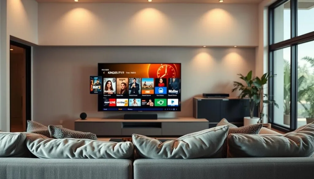 A vibrant, modern living room scene showcasing the "KING365FR" IPTV application on a sleek, large flat-screen TV. In the foreground, a cozy sofa set with stylish cushions invites viewers to sit and enjoy streaming content. The middle layer features a close-up of the TV screen displaying the KING365FR app interface, highlighting its user-friendly design with vibrant thumbnail images of popular shows and movies. The background includes soft, ambient lighting, creating a welcoming atmosphere that encourages relaxation and entertainment. Use a wide-angle lens to capture the spaciousness of the room, ensuring natural light filters through large windows, enhancing the warmth of the scene. The mood is professional yet inviting, reflecting the contemporary streaming experience with KING365FR. A vibrant, modern living room scene showcasing the "KING365FR" IPTV application on a sleek, large flat-screen TV. In the foreground, a cozy sofa set with stylish cushions invites viewers to sit and enjoy streaming content. The middle layer features a close-up of the TV screen displaying the KING365FR app interface, highlighting its user-friendly design with vibrant thumbnail images of popular shows and movies. The background includes soft, ambient lighting, creating a welcoming atmosphere that encourages relaxation and entertainment. Use a wide-angle lens to capture the spaciousness of the room, ensuring natural light filters through large windows, enhancing the warmth of the scene. The mood is professional yet inviting, reflecting the contemporary streaming experience with KING365FR.