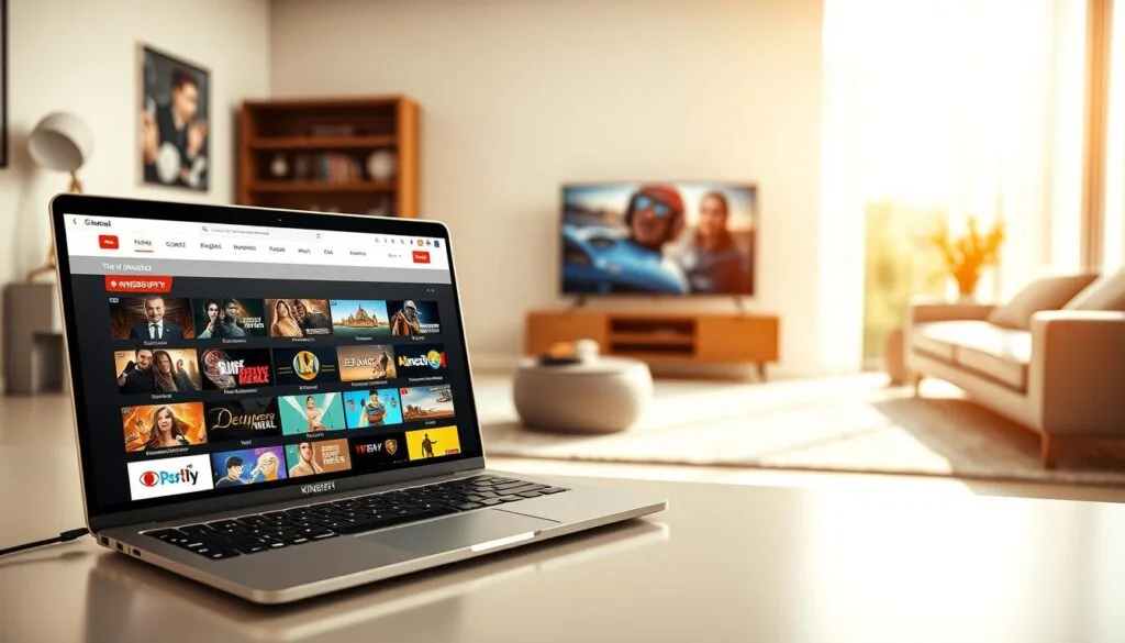 A visually engaging digital representation of the KING365FR IPTV site, highlighting its user-friendly interface and premium streaming features. In the foreground, display a sleek modern laptop with an open screen showing vibrant thumbnails of popular streaming channels. The middle ground features a cozy living room setup with a stylish couch and a large flat-screen TV displaying dynamic content rendered from the site. In the background, a large window allows soft, natural light to pour in, creating an inviting atmosphere. Opt for a warm color palette that evokes a sense of comfort and modernity. The overall mood should feel professional yet relaxed, illustrating the essence of premium entertainment accessible through KING365FR. Focus on clarity and detail that showcases the streaming experience without text or overlays. A visually engaging digital representation of the KING365FR IPTV site, highlighting its user-friendly interface and premium streaming features. In the foreground, display a sleek modern laptop with an open screen showing vibrant thumbnails of popular streaming channels. The middle ground features a cozy living room setup with a stylish couch and a large flat-screen TV displaying dynamic content rendered from the site. In the background, a large window allows soft, natural light to pour in, creating an inviting atmosphere. Opt for a warm color palette that evokes a sense of comfort and modernity. The overall mood should feel professional yet relaxed, illustrating the essence of premium entertainment accessible through KING365FR. Focus on clarity and detail that showcases the streaming experience without text or overlays.