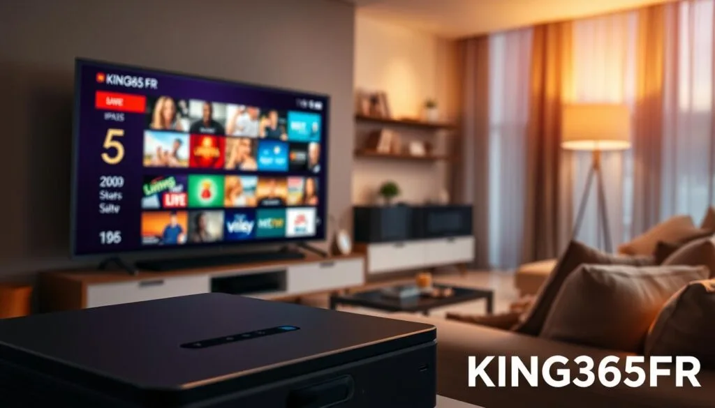 A visually engaging image representing IPTV services under the theme "KING365FR." In the foreground, feature a digital device, such as a sleek smart TV displaying vibrant content, showcasing a variety of channels and streaming options. In the middle ground, incorporate a modern living room setting with comfortable furniture, emphasizing a relaxed atmosphere for family viewing. The background should show a subtle hint of a cable connection, symbolizing high-quality IPTV service. Use warm, inviting lighting to create a cozy ambiance, with a slight lens blur for depth. The mood should convey convenience and satisfaction, capturing the essence of choosing KING365FR for premium IPTV services, appealing to tech-savvy viewers seeking reliable entertainment solutions. A visually engaging image representing IPTV services under the theme "KING365FR." In the foreground, feature a digital device, such as a sleek smart TV displaying vibrant content, showcasing a variety of channels and streaming options. In the middle ground, incorporate a modern living room setting with comfortable furniture, emphasizing a relaxed atmosphere for family viewing. The background should show a subtle hint of a cable connection, symbolizing high-quality IPTV service. Use warm, inviting lighting to create a cozy ambiance, with a slight lens blur for depth. The mood should convey convenience and satisfaction, capturing the essence of choosing KING365FR for premium IPTV services, appealing to tech-savvy viewers seeking reliable entertainment solutions.