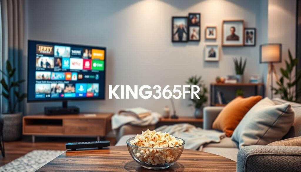 A cozy modern living room setting with a sleek flat-screen TV prominently displaying vibrant IPTV content, showcasing diverse channels and entertainment options. In the foreground, a stylish coffee table with a remote control and a bowl of popcorn, inviting the viewer to enjoy a premium viewing experience. In the middle ground, a comfortable couch with plush cushions and a soft throw blanket, exuding warmth and relaxation. The background features a well-decorated wall with family photos and plants, creating a homely atmosphere. Soft, ambient lighting casts a gentle glow, enhancing the inviting mood. Include the brand name "KING365FR" subtly integrated into the decor or on the TV screen, emphasizing the premium IPTV subscription service. The overall vibe should be modern, professional, and reassuring, perfect for illustrating the growth of IPTV in France and user expectations. A cozy modern living room setting with a sleek flat-screen TV prominently displaying vibrant IPTV content, showcasing diverse channels and entertainment options. In the foreground, a stylish coffee table with a remote control and a bowl of popcorn, inviting the viewer to enjoy a premium viewing experience. In the middle ground, a comfortable couch with plush cushions and a soft throw blanket, exuding warmth and relaxation. The background features a well-decorated wall with family photos and plants, creating a homely atmosphere. Soft, ambient lighting casts a gentle glow, enhancing the inviting mood. Include the brand name "KING365FR" subtly integrated into the decor or on the TV screen, emphasizing the premium IPTV subscription service. The overall vibe should be modern, professional, and reassuring, perfect for illustrating the growth of IPTV in France and user expectations.
