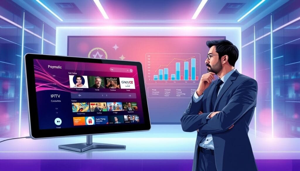 A dynamic and informative illustration showcasing the concept of "best IPTV application." In the foreground, feature a sleek digital device like a tablet or smart TV displaying the KING365FR application interface, with vibrant and engaging visuals of various channels and content options. In the middle ground, depict a thoughtful professional, dressed in business attire, analyzing data or a chart that represents IPTV criteria, such as user interface, content variety, and viewing quality. In the background, create a modern tech-inspired environment, accentuated with soft, ambient lighting that evokes a sense of innovation and reliability. The atmosphere should feel professional and reassuring, emphasizing trust and expertise in the IPTV market. A dynamic and informative illustration showcasing the concept of "best IPTV application." In the foreground, feature a sleek digital device like a tablet or smart TV displaying the KING365FR application interface, with vibrant and engaging visuals of various channels and content options. In the middle ground, depict a thoughtful professional, dressed in business attire, analyzing data or a chart that represents IPTV criteria, such as user interface, content variety, and viewing quality. In the background, create a modern tech-inspired environment, accentuated with soft, ambient lighting that evokes a sense of innovation and reliability. The atmosphere should feel professional and reassuring, emphasizing trust and expertise in the IPTV market.