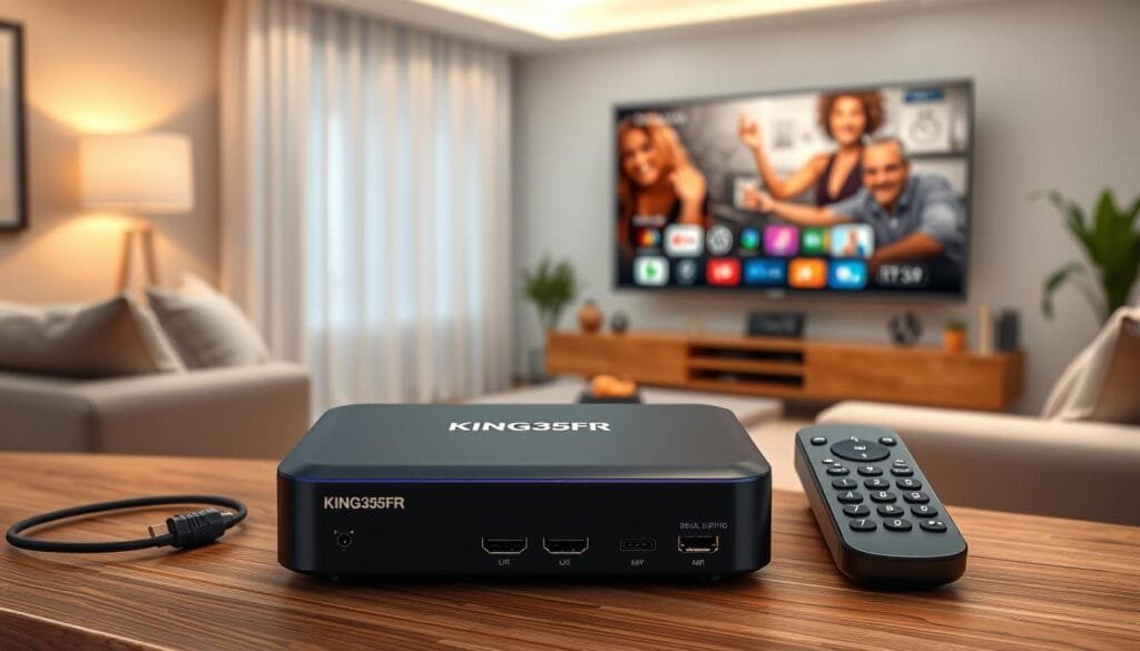 A highly detailed and realistic illustration of the KING365FR King 365 TV Box V3. Display the TV box prominently in the foreground, showcasing its sleek and modern design with distinct features, ports, and brand logo visible. The box should be positioned on a stylish wooden surface, with a remote control nearby for context. In the middle ground, include subtle tech elements like HDMI and Ethernet cables to emphasize its functionality. For the background, suggest a cozy living room with soft, warm lighting that conveys a relaxing atmosphere, featuring a large flat-screen TV displaying vibrant colors. The overall mood should be professional yet inviting, highlighting the TV box as an essential tool for premium IPTV experiences.