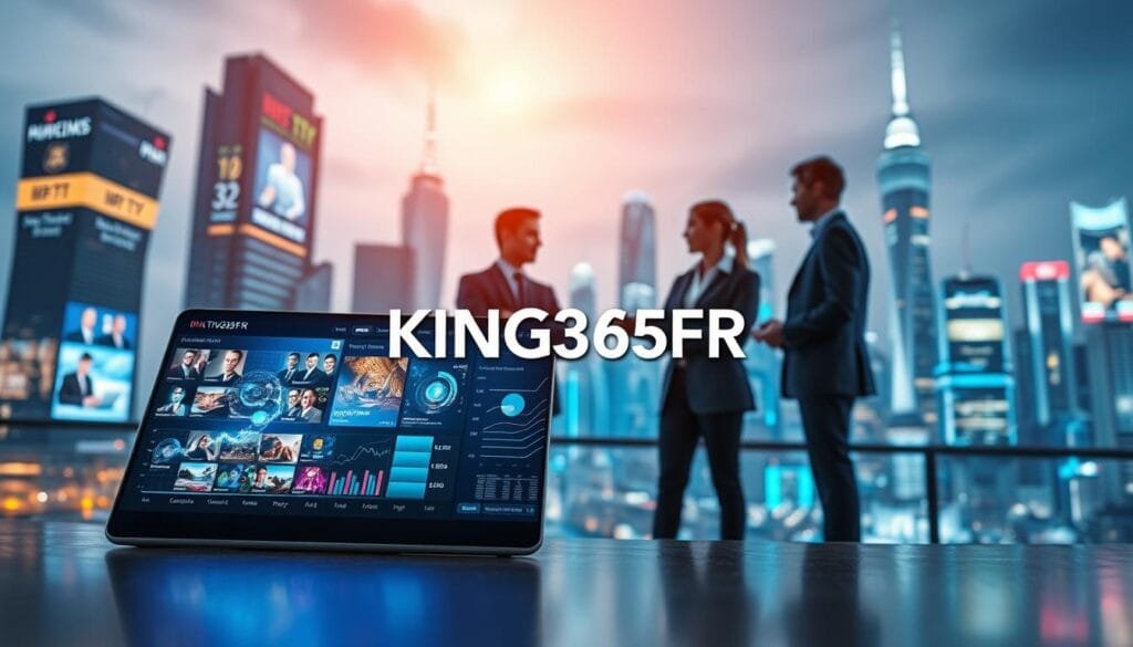 A modern digital landscape showcasing the evolution of IPTV subscription markets in 2026. In the foreground, a sleek tablet displays vibrant streaming content, with data charts and graphs reflecting growth trends surrounding it. In the middle ground, business professionals in smart attire are engaged in discussions, analyzing IPTV metrics represented by futuristic holograms. The background features city skyscrapers glowing with digital advertisements and a futuristic skyline symbolizing innovation. Bright, dynamic lighting enhances the atmosphere, giving a sense of progress and excitement. The overall mood is professional and optimistic, signaling the future of IPTV subscriptions. Include the brand name "KING365FR" subtly integrated within the digital elements, ensuring it complements the design without being overwhelming. A modern digital landscape showcasing the evolution of IPTV subscription markets in 2026. In the foreground, a sleek tablet displays vibrant streaming content, with data charts and graphs reflecting growth trends surrounding it. In the middle ground, business professionals in smart attire are engaged in discussions, analyzing IPTV metrics represented by futuristic holograms. The background features city skyscrapers glowing with digital advertisements and a futuristic skyline symbolizing innovation. Bright, dynamic lighting enhances the atmosphere, giving a sense of progress and excitement. The overall mood is professional and optimistic, signaling the future of IPTV subscriptions. Include the brand name "KING365FR" subtly integrated within the digital elements, ensuring it complements the design without being overwhelming.