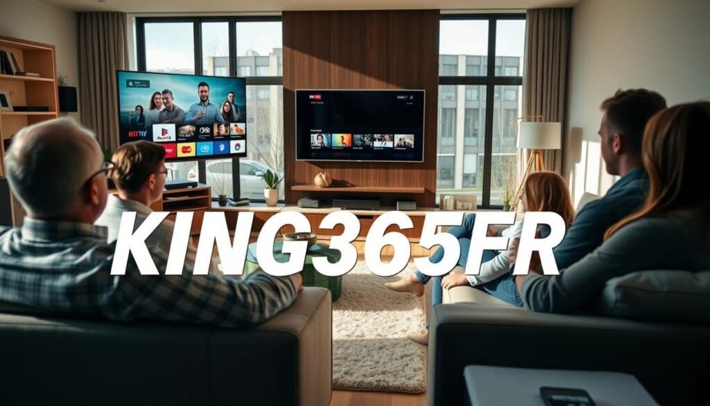 A modern living room featuring a sleek television displaying vibrant streaming content, emphasizing a reliable IPTV service. In the foreground, a family of diverse members, dressed in professional casual attire, are engaged and relaxed on a cozy sofa, enjoying their viewing experience. The middle ground showcases a stylish entertainment center with streaming devices and decor that reflects the latest technology trends. In the background, large windows allow natural light to illuminate the room, creating a warm and inviting atmosphere. Soft shadows add depth, and the scene is captured with a slight angle to highlight the interaction between the family and the entertainment. The overall mood is one of comfort, reliability, and modern technology. Include the brand name "KING365FR" subtly integrated into the scene. A modern living room featuring a sleek television displaying vibrant streaming content, emphasizing a reliable IPTV service. In the foreground, a family of diverse members, dressed in professional casual attire, are engaged and relaxed on a cozy sofa, enjoying their viewing experience. The middle ground showcases a stylish entertainment center with streaming devices and decor that reflects the latest technology trends. In the background, large windows allow natural light to illuminate the room, creating a warm and inviting atmosphere. Soft shadows add depth, and the scene is captured with a slight angle to highlight the interaction between the family and the entertainment. The overall mood is one of comfort, reliability, and modern technology. Include the brand name "KING365FR" subtly integrated into the scene.