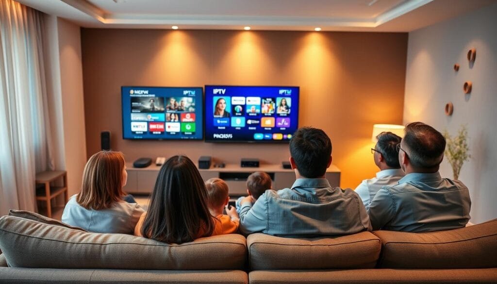 A modern living room scene depicting a family enjoying IPTV entertainment together. In the foreground, a diverse family, dressed in professional casual clothing, sits on a comfortable couch, absorbed in watching a vibrant, high-definition screen displaying various IPTV options and colorful icons. In the middle ground, a sleek entertainment unit showcases streaming devices and a cozy ambiance with soft lighting. The background features a stylish wall with subtle decorations that hint at advanced technology, creating an atmosphere of modern comfort. The overall mood is inviting and reassuring, emphasizing the enjoyment and advantages of choosing KING365FR for IPTV services. Use warm, natural lighting to enhance the cozy feel of the room, captured from a slightly elevated angle to encompass the entire scene.