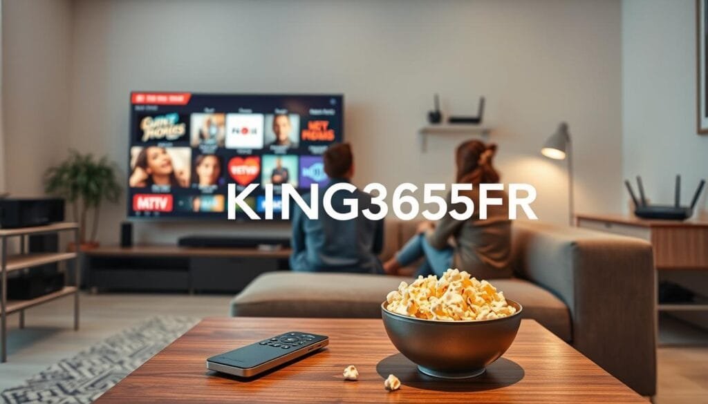 A modern living room setting featuring a high-definition TV displaying various IPTV channels on screen, symbolizing the IPTV subscription service. In the foreground, a stylish coffee table with a sleek remote and a bowl of popcorn, creating a relaxed atmosphere. The middle ground includes a comfortable sofa occupied by two individuals in modest casual attire, engrossed in watching content, embodying user engagement with IPTV. The background is softly lit, with a clean and contemporary decor that showcases technological elements like streaming devices and a router. The overall mood should reflect excitement and accessibility in entertainment, with the brand name "KING365FR" subtly integrated into the design of the living room, illustrating a professional yet welcoming environment. A modern living room setting featuring a high-definition TV displaying various IPTV channels on screen, symbolizing the IPTV subscription service. In the foreground, a stylish coffee table with a sleek remote and a bowl of popcorn, creating a relaxed atmosphere. The middle ground includes a comfortable sofa occupied by two individuals in modest casual attire, engrossed in watching content, embodying user engagement with IPTV. The background is softly lit, with a clean and contemporary decor that showcases technological elements like streaming devices and a router. The overall mood should reflect excitement and accessibility in entertainment, with the brand name "KING365FR" subtly integrated into the design of the living room, illustrating a professional yet welcoming environment.