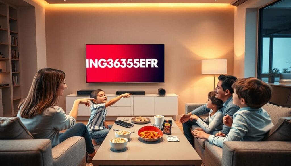 A modern living room setting featuring a high-definition television displaying the KING365FR logo on an IPTV Smarters interface. In the foreground, a family of four, dressed in smart casual attire, is gathered around the coffee table, engaged in watching their favorite shows. The mother points at the screen, while the father smiles, with children excitedly discussing what to watch next. The middle ground captures elegant furniture, like a comfortable sofa and a sleek coffee table, with an assortment of snacks. The background includes a stylish bookshelf and warm, inviting lighting that radiates a cozy yet sophisticated ambiance. The overall mood is upbeat and engaging, emphasizing the family-friendly nature of streaming with KING365FR, captured from an eye-level angle to create intimacy.