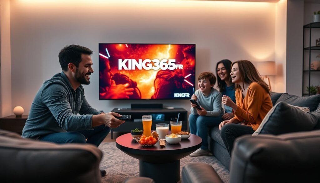 A modern living room setup featuring a sleek, large-screen TV displaying vibrant streaming content, with the logo "KING365FR" prominently showcased on the screen. In the foreground, a family of four—two adults and two children—are engaging with a remote control, dressed in smart-casual attire, radiating excitement. The middle ground includes a stylish coffee table adorned with snacks and beverages, enhancing the cozy family movie night atmosphere. In the background, soft ambient lighting creates a warm and inviting space, with subtle decor elements that suggest a tech-savvy environment. The overall mood is cheerful and relaxed, emphasizing the joy of quality streaming experiences with premium IPTV services. The angle captures both the family interaction and the cinematic view on the screen, inviting viewers into this engaging streaming universe.