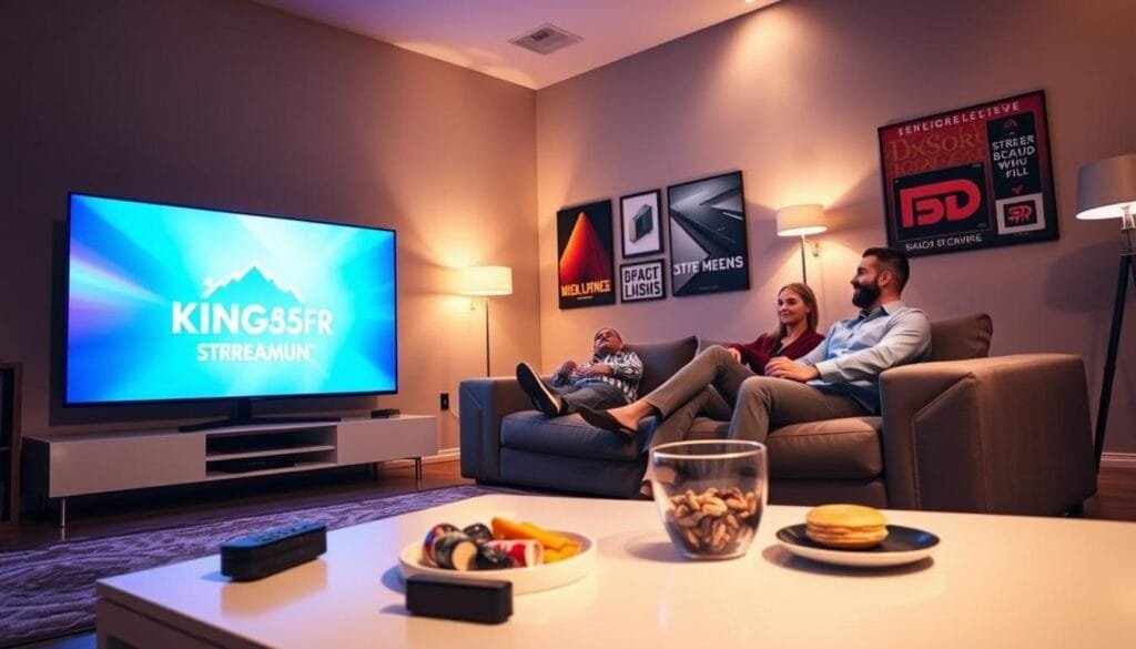 A modern, sleek living room with a large, flat-screen TV displaying vibrant 4K streaming content featuring the KING365FR logo prominently. In the foreground, a stylish coffee table hosts a remote control and snacks, creating a cozy viewing experience. The middle ground showcases a comfortable sofa occupied by two people in smart casual attire, engrossed in their streaming adventure. Soft, warm lighting enhances the inviting atmosphere, with floor lamps casting gentle glows. The background is adorned with wall art related to technology and streaming, creating a modern aesthetic. The overall mood is relaxed yet engaging, emphasizing the excitement of streaming with SS IPTV and KING365FR, capturing the essence of home entertainment. A modern, sleek living room with a large, flat-screen TV displaying vibrant 4K streaming content featuring the KING365FR logo prominently. In the foreground, a stylish coffee table hosts a remote control and snacks, creating a cozy viewing experience. The middle ground showcases a comfortable sofa occupied by two people in smart casual attire, engrossed in their streaming adventure. Soft, warm lighting enhances the inviting atmosphere, with floor lamps casting gentle glows. The background is adorned with wall art related to technology and streaming, creating a modern aesthetic. The overall mood is relaxed yet engaging, emphasizing the excitement of streaming with SS IPTV and KING365FR, capturing the essence of home entertainment.