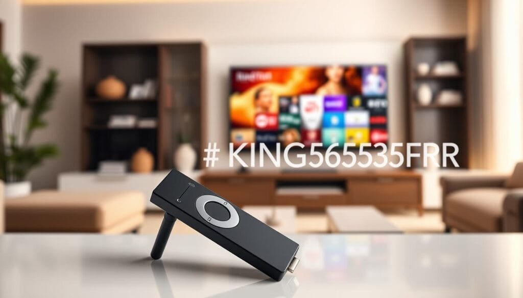 A sleek IPTV Fire Stick prominently displayed in the foreground, featuring a polished black finish and compact design. The device is positioned at an angle to showcase its sleek profile, with subtle reflection highlighting its premium quality. In the middle ground, a modern smart TV with a vibrant screen showcases colorful streaming content, hinting at the entertainment possibilities. The background contains a cozy living room setting with a soft-focus, incorporating warm, inviting lighting to create a relaxed atmosphere. A stylish entertainment unit and decorative elements subtly frame the scene. The overall mood is professional yet approachable, embodying the brand essence of "KING365FR" with an emphasis on innovation and quality in IPTV solutions.