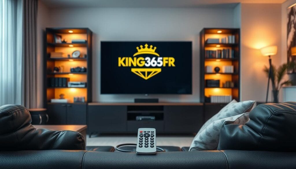 A sleek and modern living room setting as the foreground, featuring a high-definition television displaying the "KING365FR" logo prominently. In the middle, a comfortable leather couch with a remote control resting on it, inviting viewers to experience the premium IPTV service. The background includes a stylish, well-lit bookshelf filled with entertainment-related items, creating an atmosphere of sophistication and relaxation. Soft ambient lighting enhances the inviting mood, while a gentle sunset glow streams through a window, adding warmth to the scene. The angle is slightly elevated, capturing the depth of the room while focusing on the television. The overall vibe is professional yet cozy, epitomizing the reasons to choose KING365FR IPTV service.