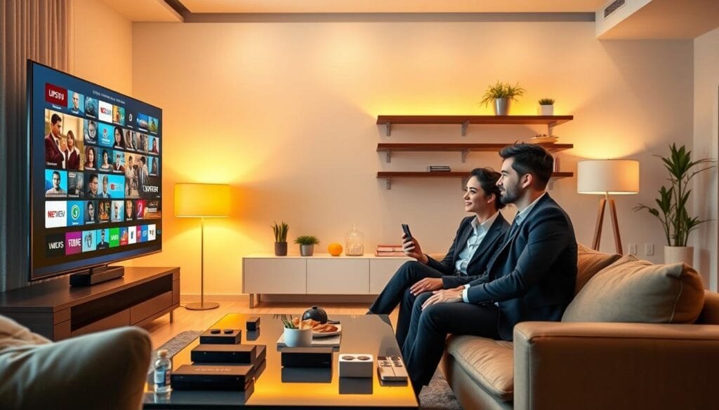 A sleek and modern living room setting showcasing a large flat-screen TV displaying vibrant streaming visuals from KING365FR IPTV, featuring a montage of 20,000 channels. In the foreground, a professional-looking young couple sits comfortably on a stylish sofa, dressed in smart casual attire, engrossed in their viewing experience. The middle layer includes a coffee table with streaming gadgets and snacks, enhancing the relaxed atmosphere. Soft yellow lighting emanates from elegant lamps, creating a warm and inviting glow. The background shows a contemporary shelf with healthy plants and decorative items, further emphasizing a cozy yet professional vibe. The entire scene conveys a sense of satisfaction and quality, reflecting the advantages of choosing KING365FR for IPTV subscriptions. A sleek and modern living room setting showcasing a large flat-screen TV displaying vibrant streaming visuals from KING365FR IPTV, featuring a montage of 20,000 channels. In the foreground, a professional-looking young couple sits comfortably on a stylish sofa, dressed in smart casual attire, engrossed in their viewing experience. The middle layer includes a coffee table with streaming gadgets and snacks, enhancing the relaxed atmosphere. Soft yellow lighting emanates from elegant lamps, creating a warm and inviting glow. The background shows a contemporary shelf with healthy plants and decorative items, further emphasizing a cozy yet professional vibe. The entire scene conveys a sense of satisfaction and quality, reflecting the advantages of choosing KING365FR for IPTV subscriptions.
