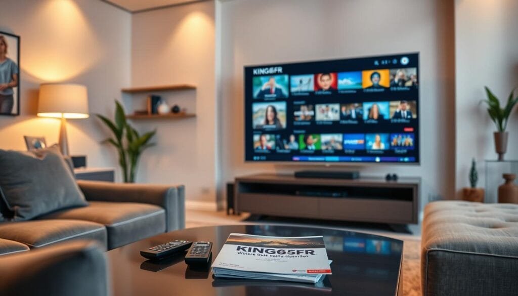 A sleek living room scene featuring a modern IPTV setup promoting KING365FR. In the foreground, a stylish, large flat-screen TV displays vibrant images from a variety of channels, showcasing sports, movies, and entertainment. Soft, warm lighting illuminates the room, creating a cozy and inviting atmosphere. In the middle, an elegant coffee table is adorned with some remote controls and a subscription brochure for KING365FR, emphasizing its premium service. The background reveals a comfortable sofa and decorative elements like plants and bookshelves, enhancing the relaxed environment. Use a medium shot perspective with a slight angle to provide depth, ensuring a professional and reassuring mood suitable for discussing IPTV experiences. A sleek living room scene featuring a modern IPTV setup promoting KING365FR. In the foreground, a stylish, large flat-screen TV displays vibrant images from a variety of channels, showcasing sports, movies, and entertainment. Soft, warm lighting illuminates the room, creating a cozy and inviting atmosphere. In the middle, an elegant coffee table is adorned with some remote controls and a subscription brochure for KING365FR, emphasizing its premium service. The background reveals a comfortable sofa and decorative elements like plants and bookshelves, enhancing the relaxed environment. Use a medium shot perspective with a slight angle to provide depth, ensuring a professional and reassuring mood suitable for discussing IPTV experiences.