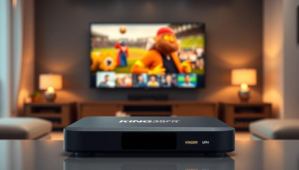 A sleek, modern IPTV box positioned prominently in the foreground, showcasing its smooth, black exterior and glowing LED indicators. In the middle, a high-definition television displaying vibrant 4K UHD content, emphasizing the superior streaming capabilities of the device. The background features a stylish living room setting with soft, warm lighting that creates an inviting atmosphere. A subtle bokeh effect blurs the furniture and decor, keeping the focus on the IPTV box and TV. The overall scene evokes a sense of luxury and advanced technology, perfect for modern home entertainment. Include the brand name "KING365FR" subtly integrated into the design of the IPTV box. The angle should be slightly elevated to capture both the box and the TV screen effectively. A sleek, modern IPTV box positioned prominently in the foreground, showcasing its smooth, black exterior and glowing LED indicators. In the middle, a high-definition television displaying vibrant 4K UHD content, emphasizing the superior streaming capabilities of the device. The background features a stylish living room setting with soft, warm lighting that creates an inviting atmosphere. A subtle bokeh effect blurs the furniture and decor, keeping the focus on the IPTV box and TV. The overall scene evokes a sense of luxury and advanced technology, perfect for modern home entertainment. Include the brand name "KING365FR" subtly integrated into the design of the IPTV box. The angle should be slightly elevated to capture both the box and the TV screen effectively.