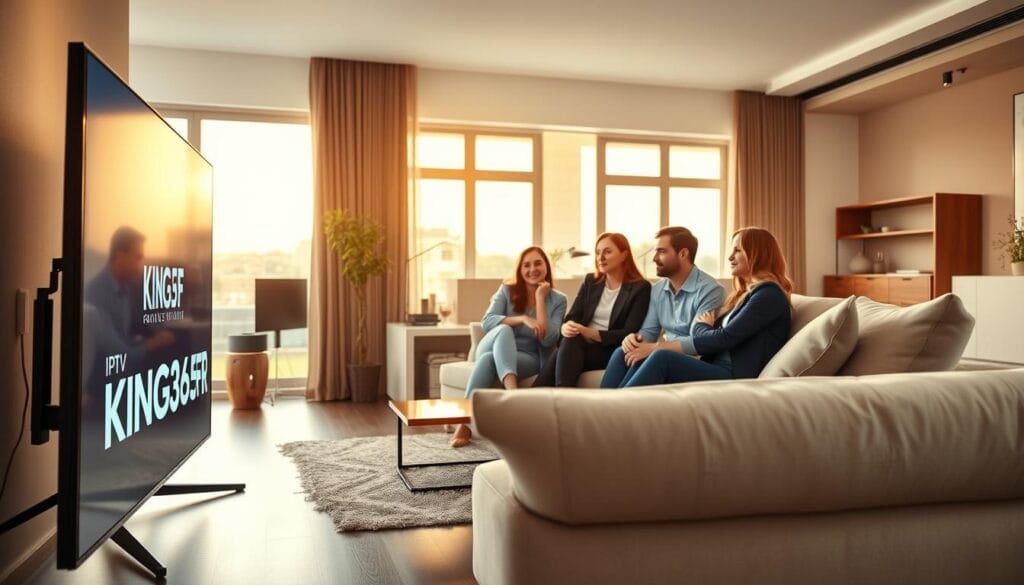 A sleek, modern living room featuring a high-tech IPTV setup, specifically showcasing the KING365FR service. The foreground displays a stylish smart TV with the KING365FR logo prominently visible on the screen, surrounded by a cozy sofa with plush cushions. In the middle ground, an attentive family sits on the sofa, dressed in casual professional attire, engaged in watching their favorite streaming content. The background features a bright, airy space with large windows letting in warm, natural light, illuminating the modern décor. The overall mood is inviting and comfortable, emphasizing the ease of use and enjoyment of KING365FR IPTV service. The image is captured with a wide-angle lens, offering a clear perspective of the harmonious living space.