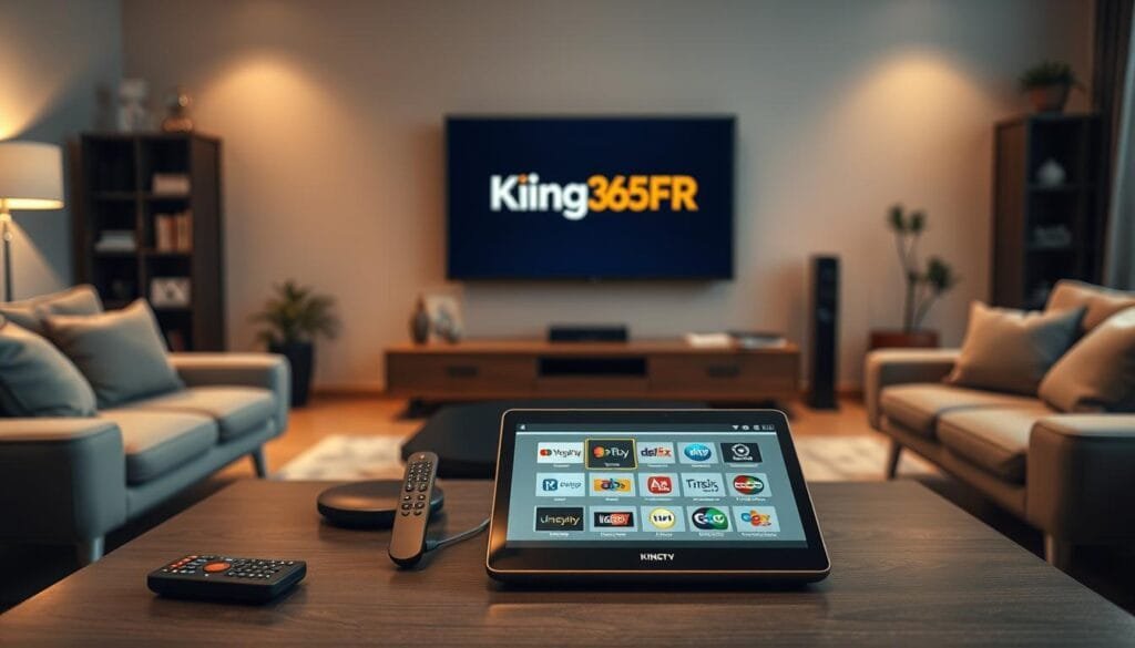 A sleek, modern living room showcasing a high-tech IPTV setup features a smart TV displaying the King365FR logo prominently. The foreground contains a stylish coffee table with a remote control and an open tablet displaying an IPTV interface with various channel options. In the middle ground, a contemporary sofa is positioned around a cozy setting, with soft lighting creating a warm atmosphere. The background features subtle decorations, such as a bookshelf and plants, enhancing the homey feel. The overall mood is professional yet inviting, indicating a premium entertainment experience. The lighting is soft, with warm tones to highlight the IPTV service, shot from a slightly elevated angle for an immersive perspective.