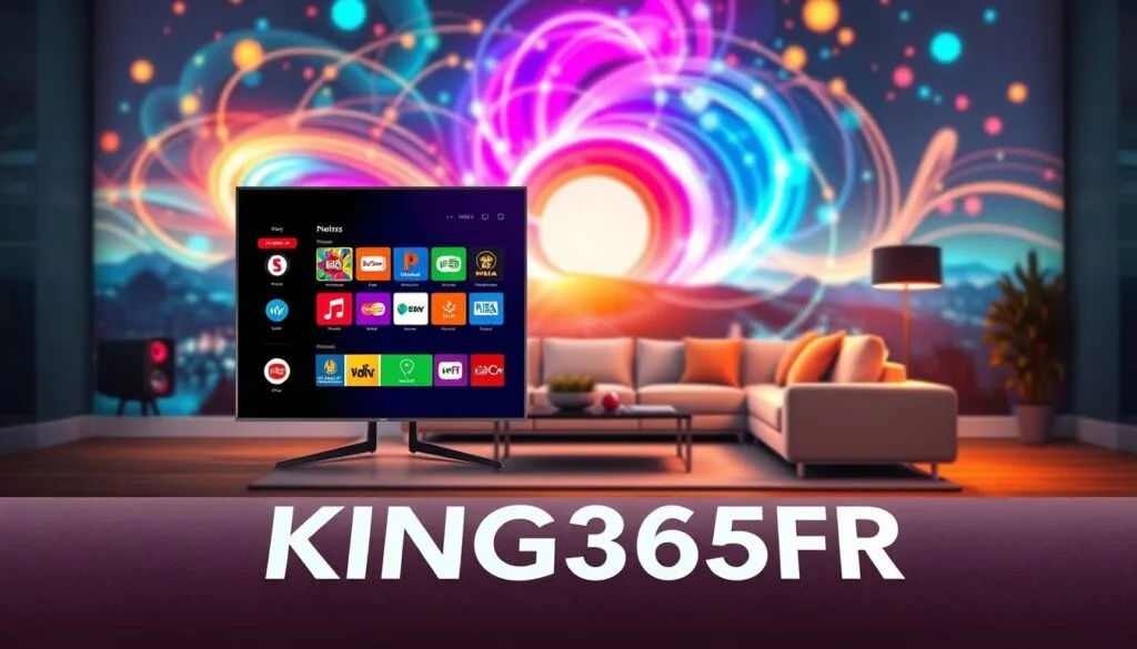 A vibrant and engaging digital illustration representing "KING365FR". In the foreground, a sleek modern television set displaying a colorful interface showcasing various IPTV channels. In the middle, an inviting living room setup with a stylish sofa and a coffee table, reflecting a relaxed viewing atmosphere. In the background, an abstract representation of a digital landscape, filled with swirling colors and light effects symbolizing connectivity and diverse content. Soft, warm lighting creates a cozy ambiance, while the camera angle captures the scene slightly from above, emphasizing the television and the inviting space. The overall mood is professional yet welcoming, reflecting the innovative nature of King 365 TV.