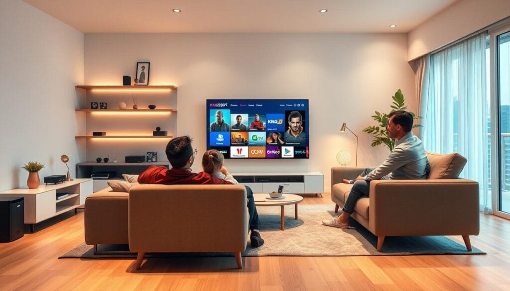 A vibrant, modern digital art scene showcasing a sleek living room filled with entertainment devices, focusing on the concept of a "KING365FR abonnement." The foreground features a stylish, professional-looking family relaxing on a comfortable sofa, engaging with a large screen displaying a user-friendly interface for KING365FR. The middle ground highlights various entertainment options, such as movies, sports, and music, represented by colorful icons. The background includes elegant shelf décor and soft lighting, evoking a cozy atmosphere. The entire scene is bright and inviting, captured from a slight angle to emphasize depth. Soft, warm tones dominate the palette, creating a reassuring and professional mood perfect for showcasing premium entertainment services in 2026.
