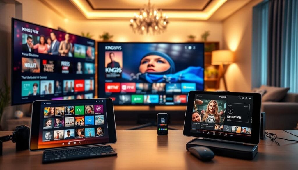 A visually striking representation of IPTV applications showcasing screens displaying various IPTV interfaces and features. In the foreground, a sleek modern smart TV with vibrant, colorful streaming options is prominently displayed, while tablets and smartphones present an array of IPTV apps, including a highlights panel for "KING365FR". The middle ground features a professional setting, suggesting a workspace with high-tech gadgets and IPTV-related accessories subtly arranged. In the background, a home entertainment room bathed in warm, inviting lighting creates a cozy atmosphere, emphasizing a balance between technology and relaxation. Employ a soft focus effect on distant background elements to keep the viewer's attention on the IPTV applications. The overall mood should be professional and reassuring, capturing the increasing power of IPTV entertainment in modern homes. A visually striking representation of IPTV applications showcasing screens displaying various IPTV interfaces and features. In the foreground, a sleek modern smart TV with vibrant, colorful streaming options is prominently displayed, while tablets and smartphones present an array of IPTV apps, including a highlights panel for "KING365FR". The middle ground features a professional setting, suggesting a workspace with high-tech gadgets and IPTV-related accessories subtly arranged. In the background, a home entertainment room bathed in warm, inviting lighting creates a cozy atmosphere, emphasizing a balance between technology and relaxation. Employ a soft focus effect on distant background elements to keep the viewer's attention on the IPTV applications. The overall mood should be professional and reassuring, capturing the increasing power of IPTV entertainment in modern homes.