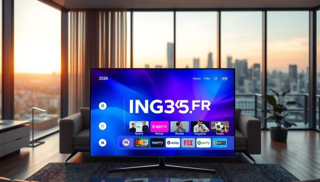 A visually striking representation of the IPTV Atlas service as it evolves in 2026, featuring a dynamic, futuristic interface showcasing streaming options and content categories. In the foreground, a sleek, modern television screen displays the "KING365FR" IPTV logo prominently, surrounded by vibrant icons representing various genres such as sports, movies, and documentaries. The middle ground includes minimalist furniture, emphasizing a cozy living room atmosphere, with soft, ambient lighting enhancing the scene. In the background, large windows reveal a blurred city skyline at dusk, with a warm glow reflecting off the glass. The scene captures a sense of innovation and progress, conveying a professional and reassuring mood suitable for a contemporary home entertainment setup.